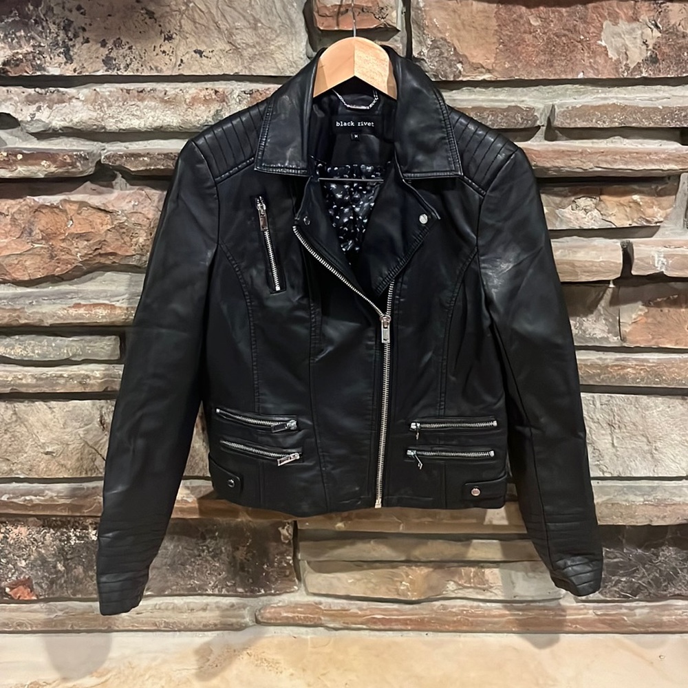 Black Rivet Vegan Leather Black Moto Jacket Gem